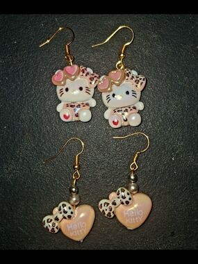 Handmade Hello Kitty Pink & Leopard Bow Earrings - Set of 2